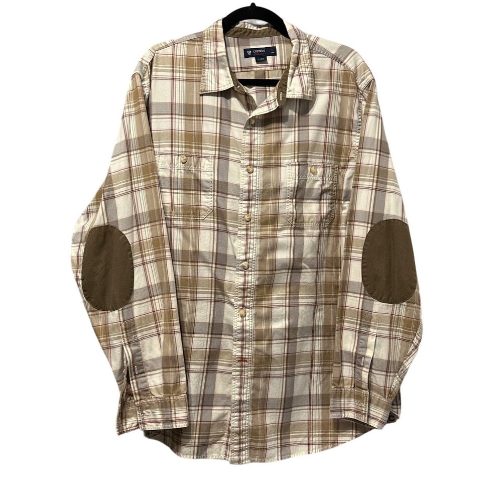 Cremieux Collection size XL tan plaid patch elbows 100% cotton pockets shirt